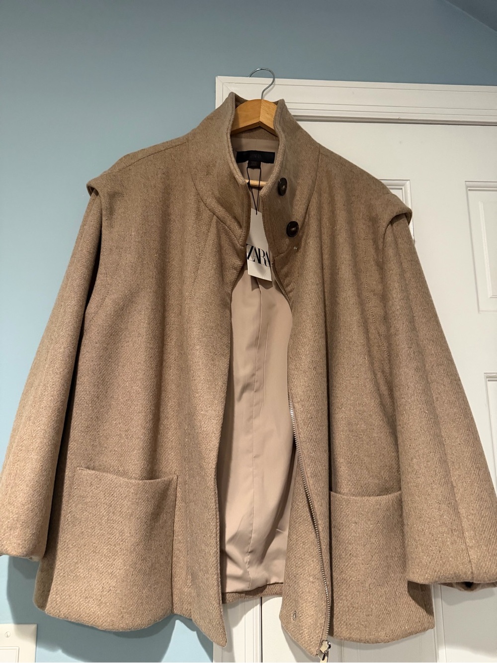 ZARA women’s Beige/Tan Wool-Blend Stand Collar Coat